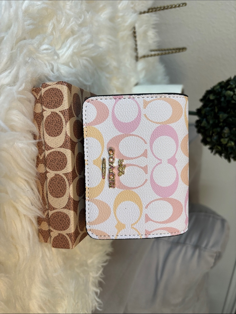Coach Signature Compact Card Holder in Pink, Peach & White